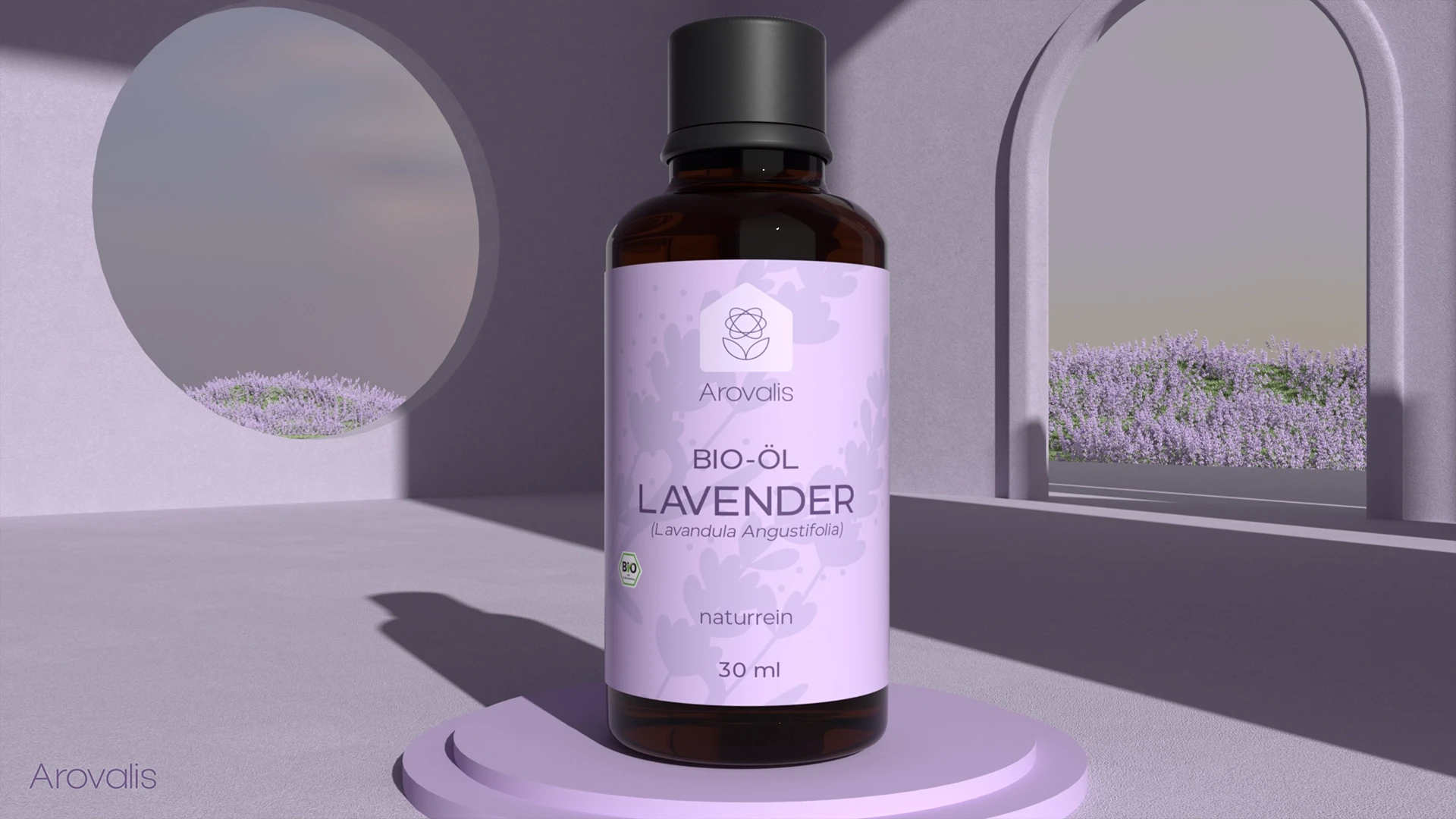 Arovalis essential oils branding and packaging design with 3D product visualization by Meanwhile