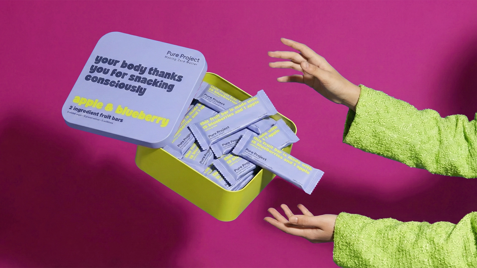 Pure Project all-natural fruit bars branding, packaging design, and 3D product renders by Meanwhile